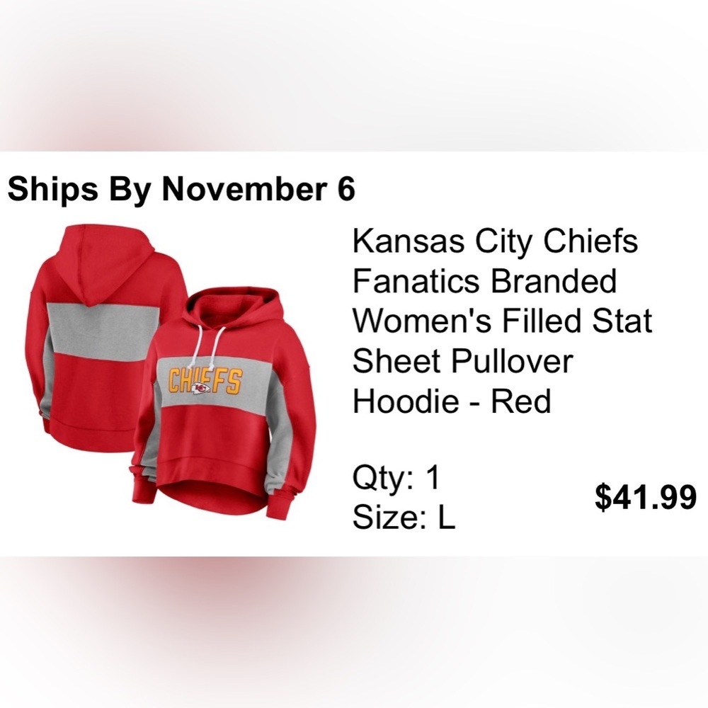 Kansas City Chiefs Fanatics Branded Women's Filled Stat Sheet Hoodie Size Large